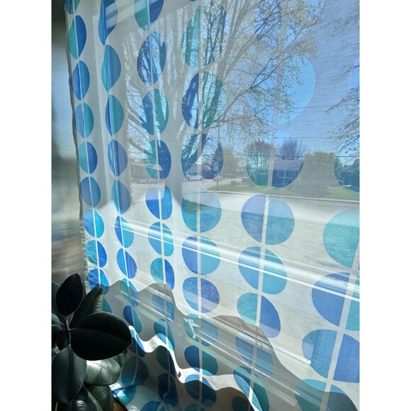 Vintage 70s curtain, blue oval geometric print, sheer, not hemmed, per panel - Picture 4 of 10